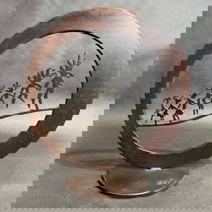 Doug Weigle 15.5x15.75 Petroglyph Steel Sculpture: Artist: Doug Weigle  Title: Petroglyph Circle Medium: Patina Steel Size: 15.5 w x 15.75 h x Signature: Artist mark welded on bottom of base Production Year: 2000 Condition: Sculpture is in good condit