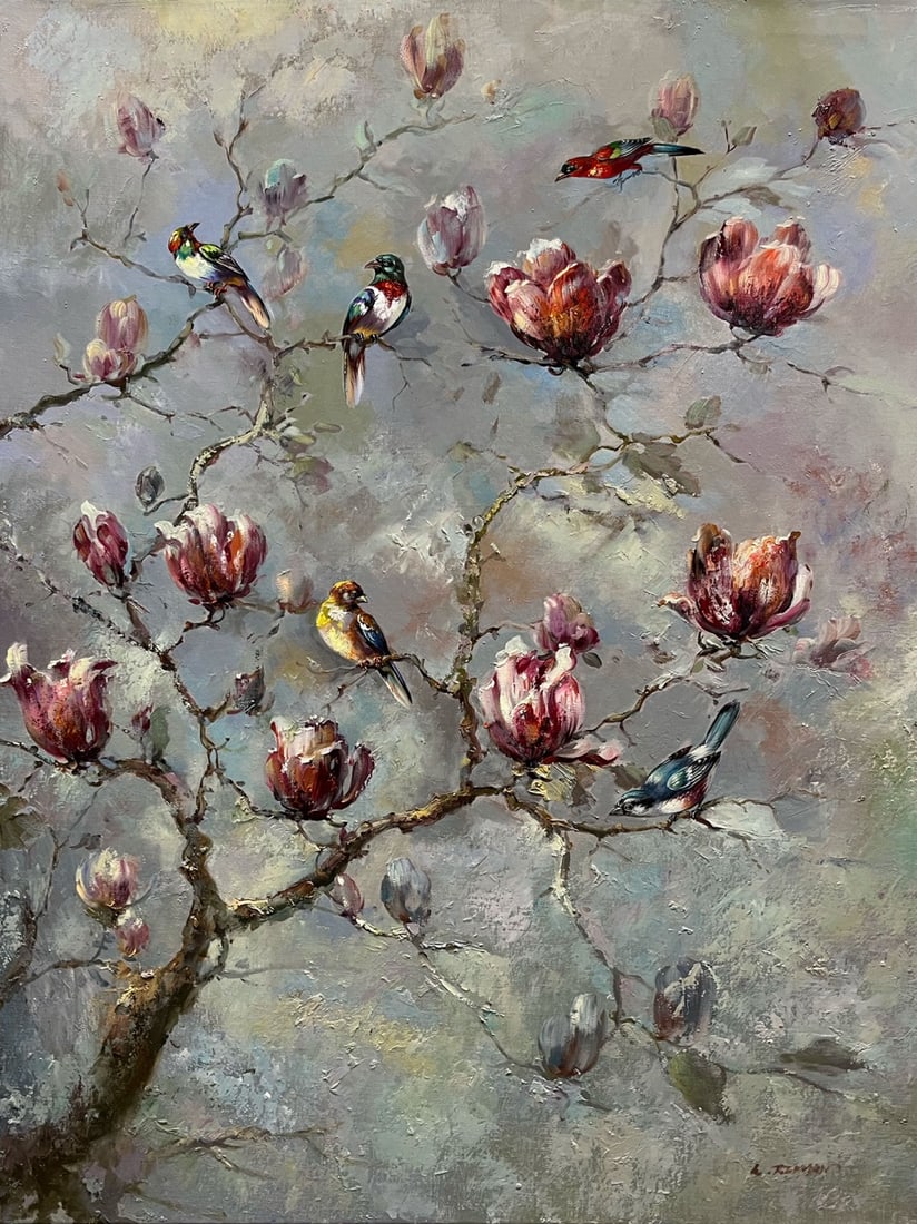 L. Redman 29x40 Original Signed Painting: Artist: L. Redman (b.1957-) Korean Title: Morning Song II Medium: Oil on Canvas Canvas Size: 29 W x 40 H Edition: Original Year: 2019 Signature: Signed on front, bottom right corner. Certificate of a