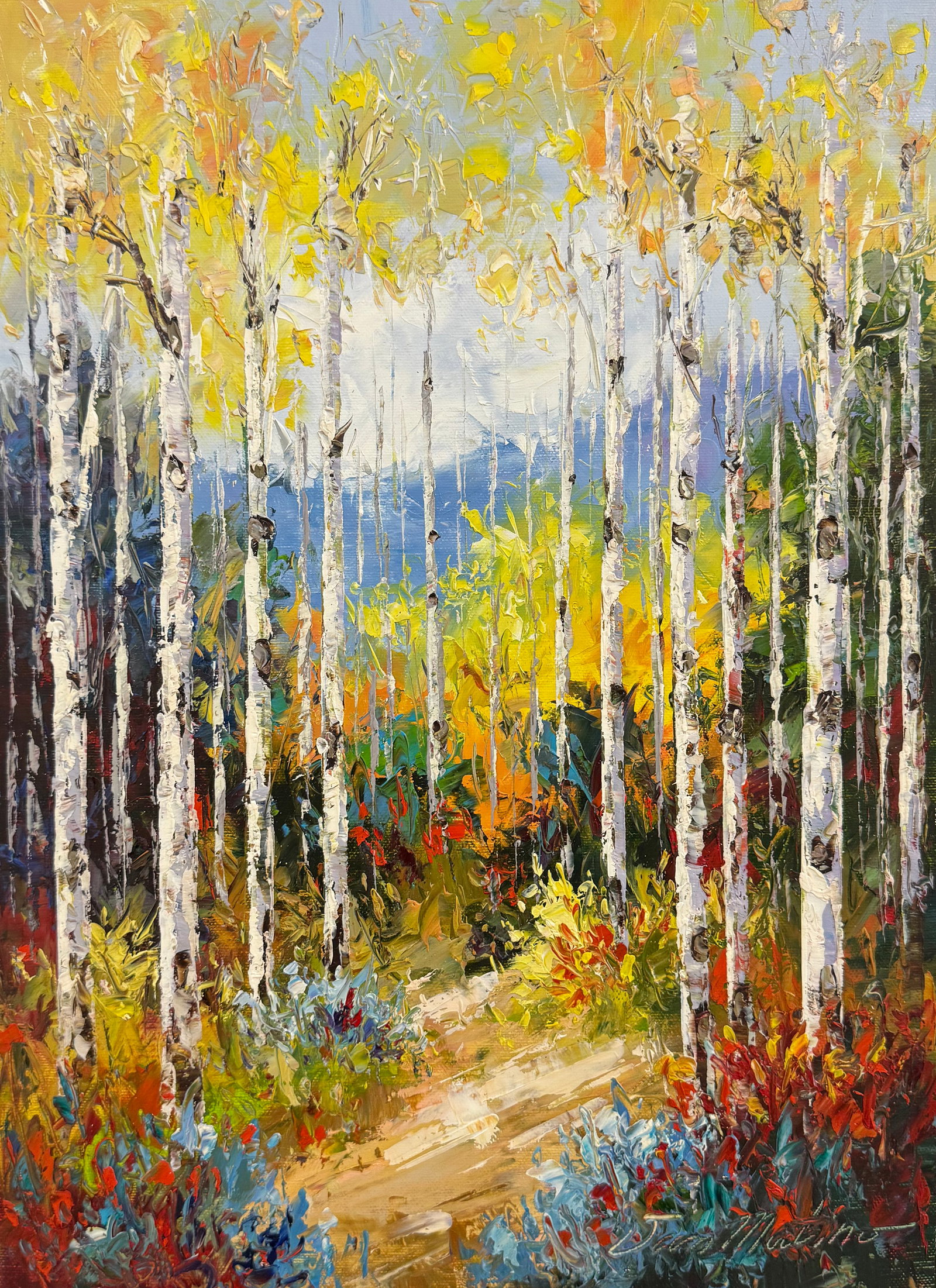 Van Matino 16.5 x 12.5 Signed Original Landscape Painting: Artist: Van Matino (b.1955) Korean Title: Golden Canopy Medium: Oil on Canvas Canvas Size: 16.5 W x 12.5 H Edition: Original Signature: Signed on bottom right corner. Artwork is unstretched and will s