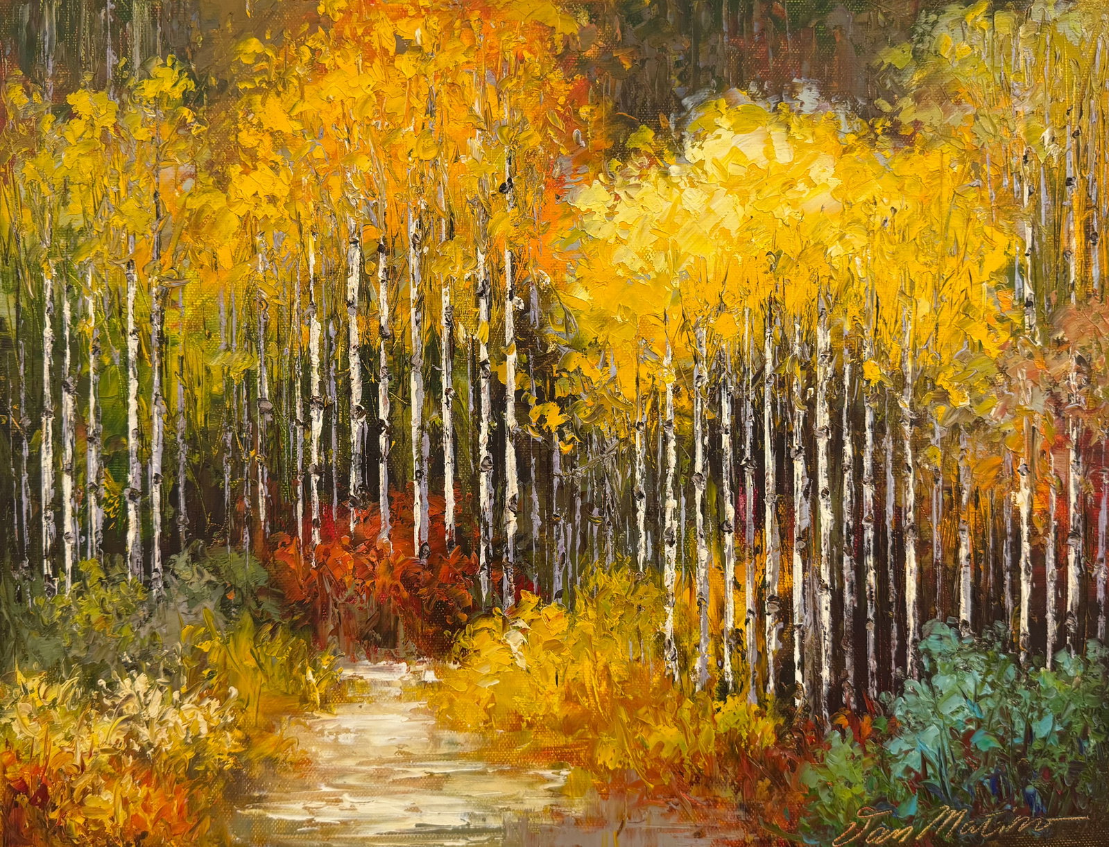 Van Matino 16.5 x 12.5 Signed Original Landscape Painting: Artist: Van Matino (b.1955) Korean Title: Echoes of Color Medium: Oil on Canvas Canvas Size: 16.5 W x 12.5 H Edition: Original Signature: Signed on bottom right corner. Artwork is unstretched and will