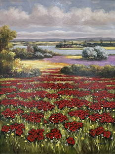 Kensett 33x45 Framed Signed Signed Painting: Artist: Kensett (b.1959-) Korean  Title: Poppy Feild Medium: Oil on Canvas Canvas Size: 24 W x 36 H Frame Size: 33 W x 45 H Edition: Original Year: 2020 Signature: Signed on front, bottom right corner