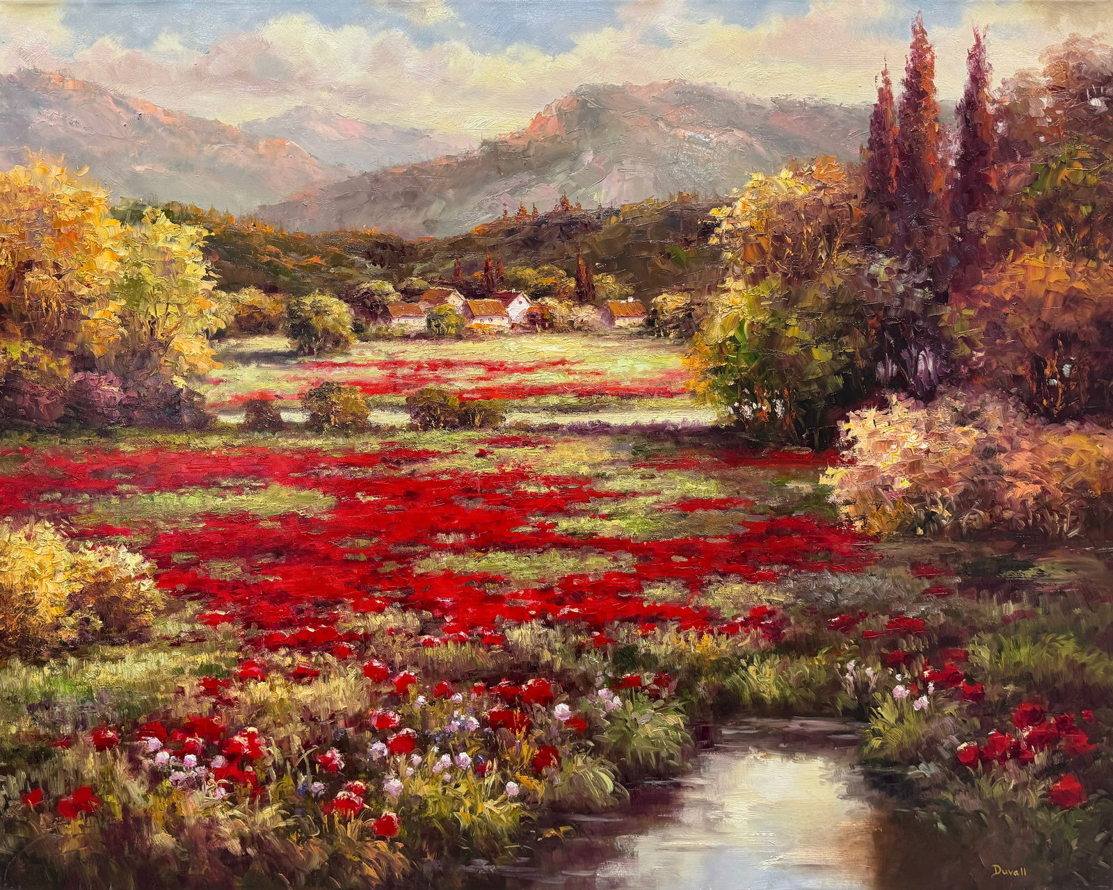 Duvall 45x36 Signed Original Landscape Painting: Artist: Duvall Title: Morning Light Medium: Oil on Canvas Canvas Size: 45 w x 36 h Edition: Original Signature: Signed on the front bottom right corner. Artwork is stretched on a solid wood strainer