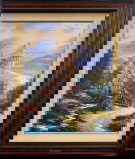 RARE Thomas Kinkade Framed Offset Lithograph on Canvas 34.5x40.5: Artist: Thomas Kinkade (1958-2012) American Title: Guardian Castle Medium: Offset Lithograph on Canvas Artwork Size: 24 w x 30 h Frame Size: 34.5 w x 40.5 h Edition: 104/475 Artist Proof - RARE Publi