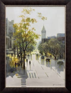 Lawson 34x44 Framed Original Cityscape Painting: Artist: Lawson (Wang Boa Jin) Chinese  Title: City Reflections Medium: Oil on Canvas Canvas Size: 30 w x 40 h Frame Size: 34 w x 44 h Edition: Original Signature: Signed on the front bottom right corn
