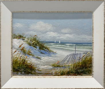 Robin Scott 13x11 Small Framed Original Seascape Painting: Artist: R. Scott (b.1949-) Korean  Title: Breezy Summer I Medium: Oil on Canvas Artwork Size: 10 w x 8 h Frame Size: 13 w x 11 h Edition: Original Signature: Signed on bottom left corner. Artwork is s