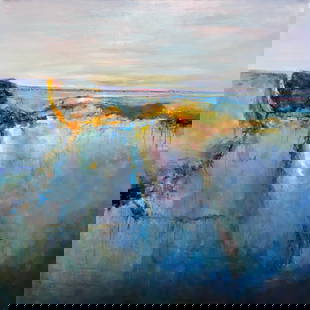 Emily C 48x48 Signed Original Abstract Seascape Painting: Artist: Emily C. (b.1971-) Korean  Title: Below the Waves Medium: Oil on Canvas Canvas Size: 48 W x 48 H Edition: Original Signature: Signed on front, bottom right corner. Certificate of authenticity