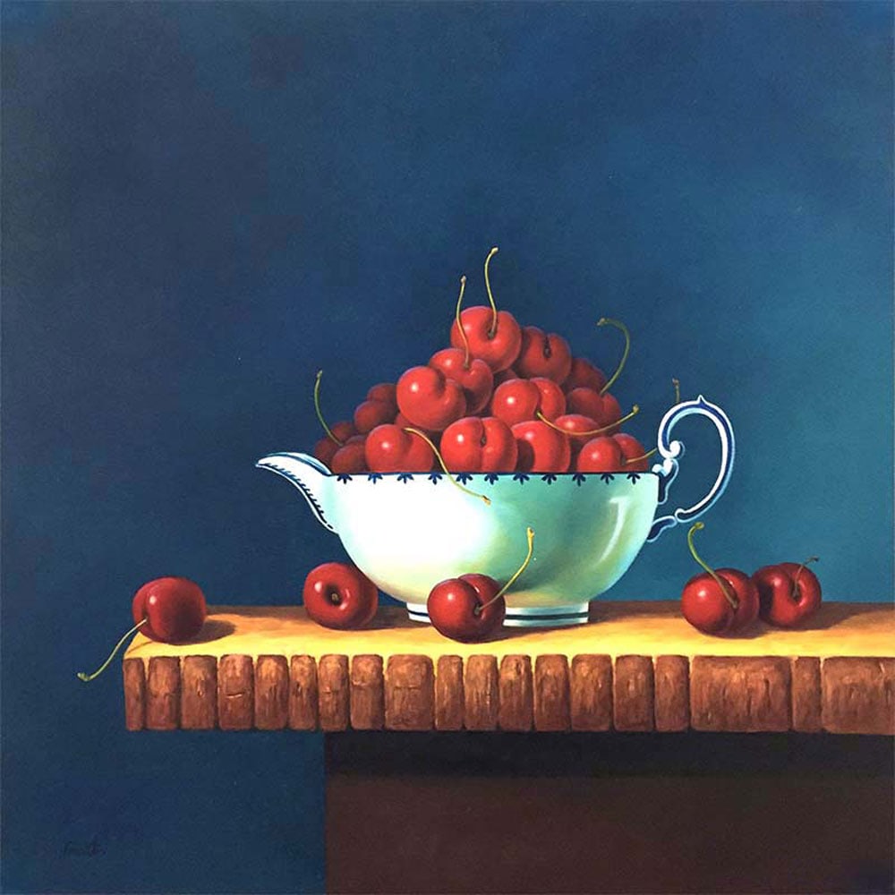 Franklin 30x30 Signed Original Still Life Painting: Artist: Franklin Title: Bowl of Cherries Medium: Oil on canvas Canvas Size: 30 x 30 Edition: Original Signature: Signed on front, lower left corner Artwork is stretched on a solid wood strainer bar.