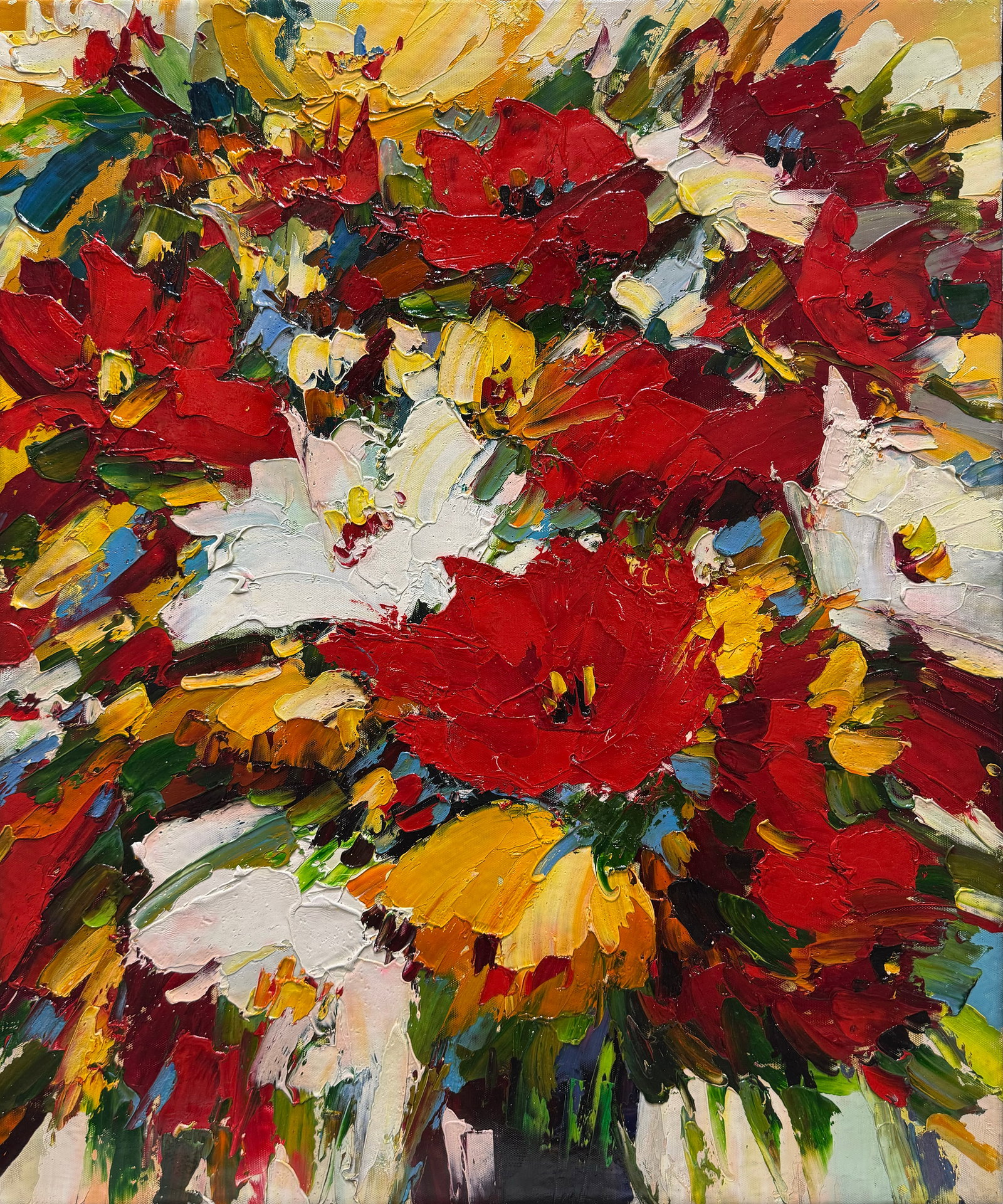20x24 Original Floral Painting: Artist: Chris Title: Midday Blossom Medium: Oil on canvas Canvas Size: 20 x 24 Edition: Original Signature: Signed on back of canvas on lower right corner Artwork is stretched on a solid wood strainer