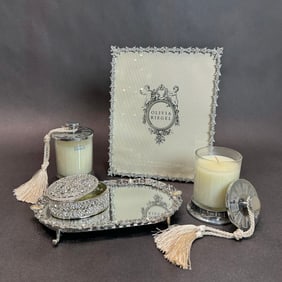 Crystal Vanity Set with 8x10 Tabletop Frame, Tray, Box, and Candles