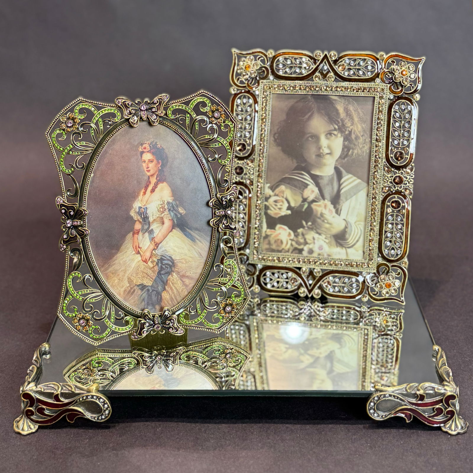 Art Nouveau 4x6 Jeweled Tabletop Frames with Mirrored Vanity Tray (1 of 9)