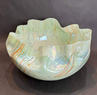 Global Views 17 inch White Murano Glass Bowl: Artist: Global Views  Title: Cambrian Bowl &#8211; Orange and Blue Medium: Murano Glass Size: 10.75 h x 17.5 dia. Weight: 14.6lbs Hand wash only Product is watertight and food safe Italian artisans in
