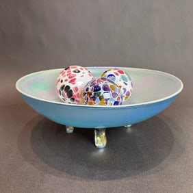 15 inch Retired Viz Glass Iridescent Blue Footed Bowl with colorful glass balls