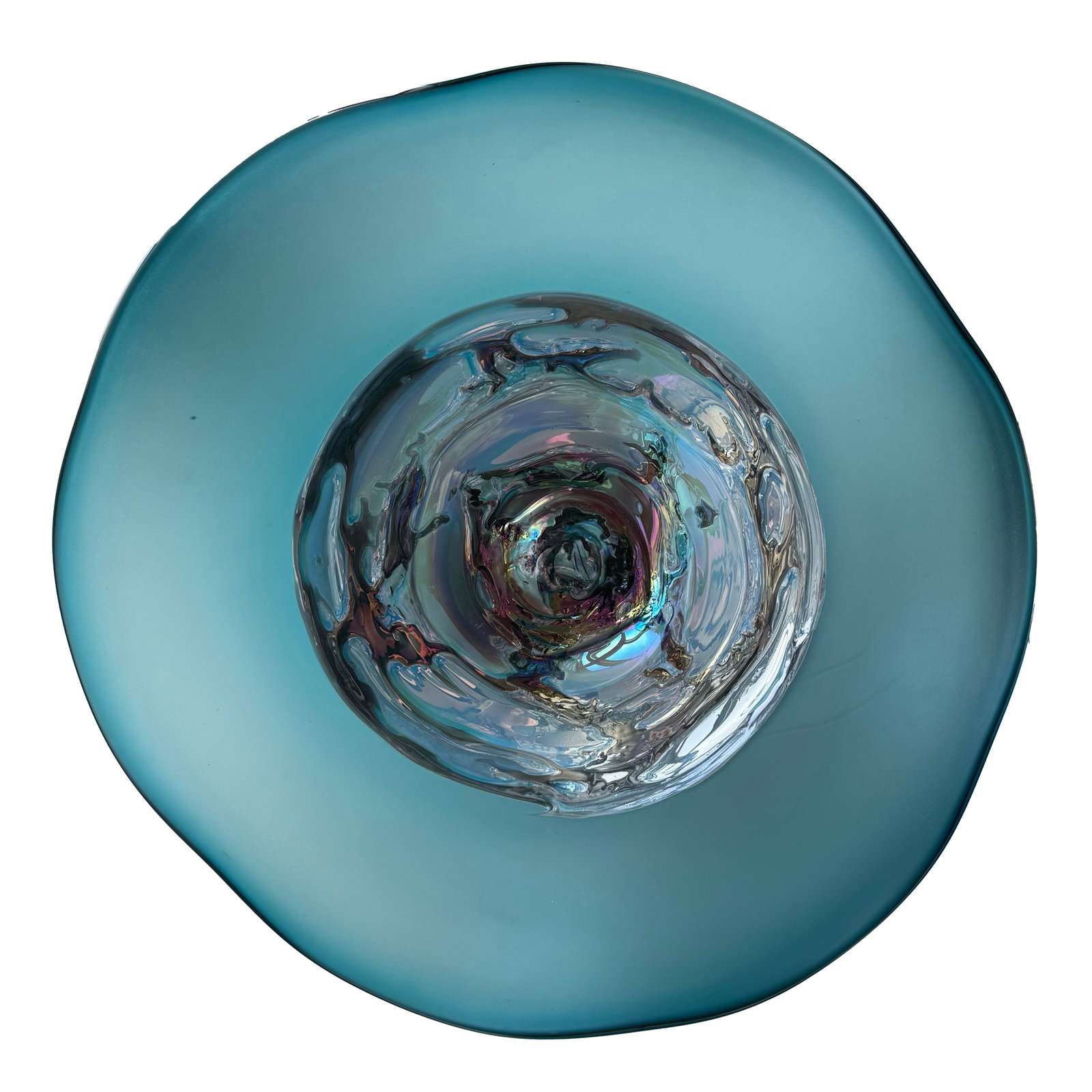 Viz Glass 19 inch Blue Glass Wall Platter : Artist: Viz Glass Title: Oceans Dream Nebula Wall Platter Medium: Murano Glass Size: 19 in diameter Embrace the tranquil allure of Oceans Dream, an exquisite wall art piece by Viz Glass. Crafted using