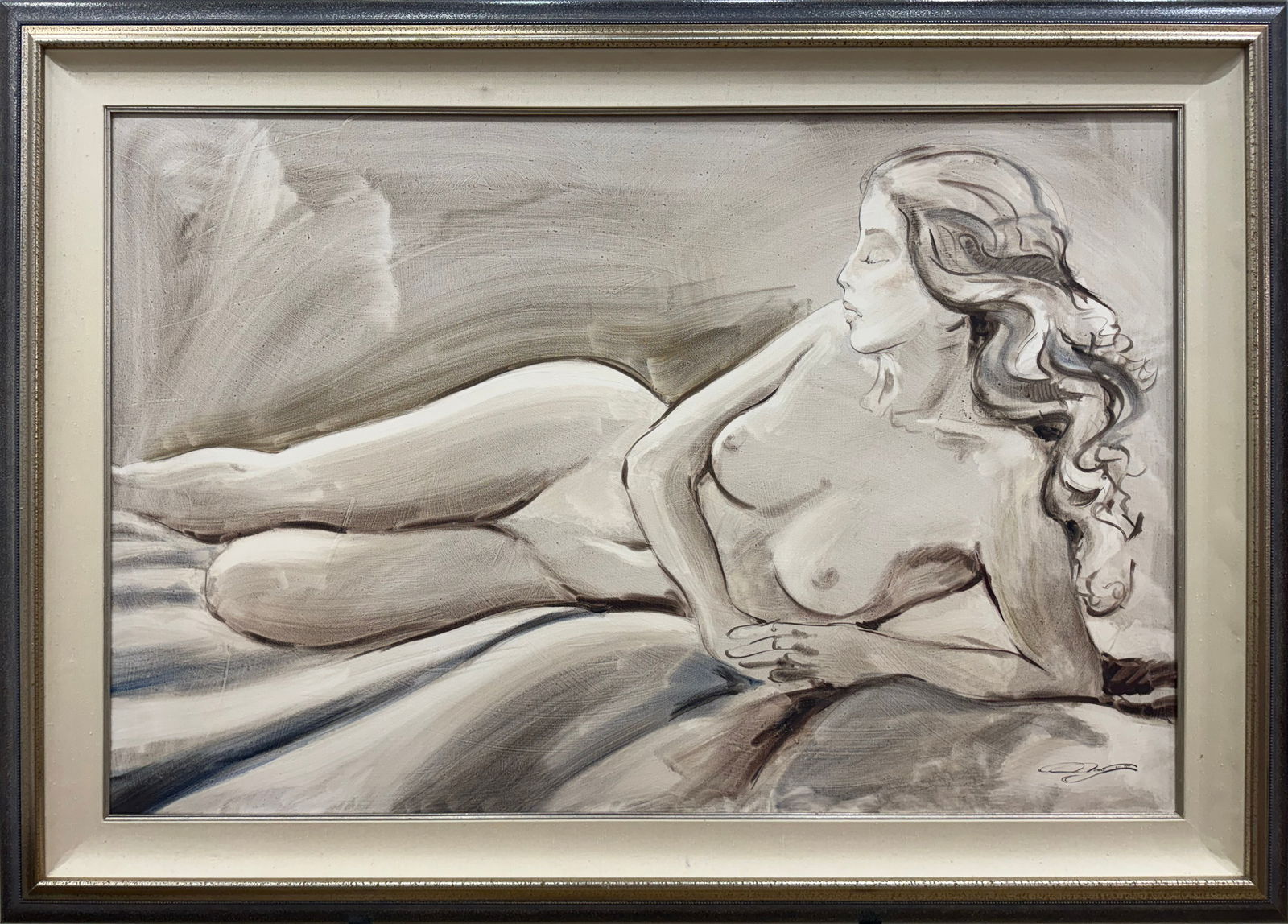 Jeremy Jarvis Framed Figurative Oil Painting on Canvas 55 x 39: Artist: Jeremy Jarvis (b.1977-) American Title: Reclining Nude Medium: Oil Painting on Canvas Canvas Size: 46 w x 30 h Frame Size: 55 w x 39 h Year: 1999 Edition: Original Signature: Signed on the fr