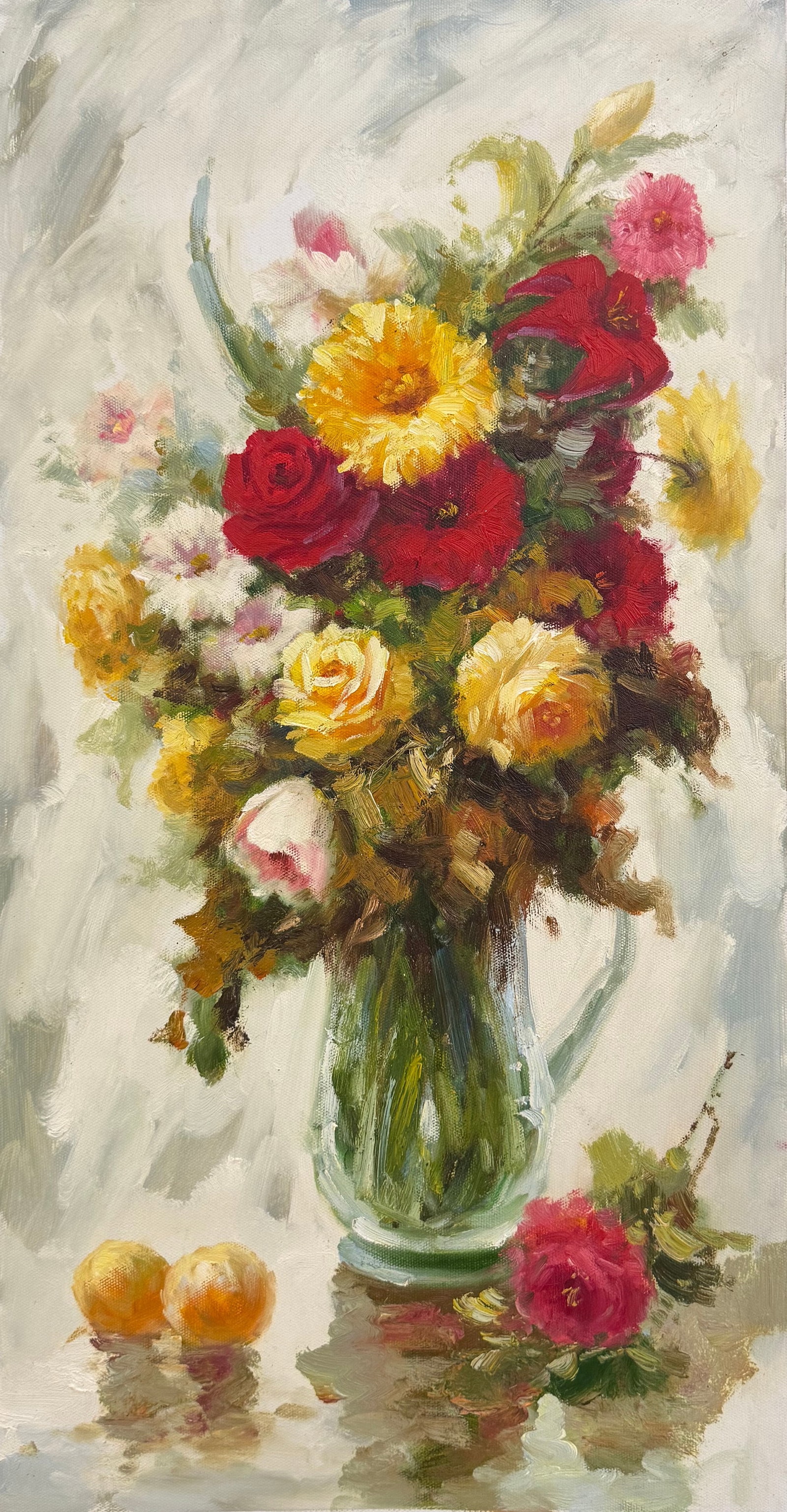 Original Floral Still Life on Canvas 12 x 24: Title: Vase of Flowers Medium: Original Oil on Canvas Size: 12 w x 24 h Signature: Artwork is unsigned A lush bouquet of vibrant blooms bursts from a glass pitcher, surrounded by soft brushstrokes tha