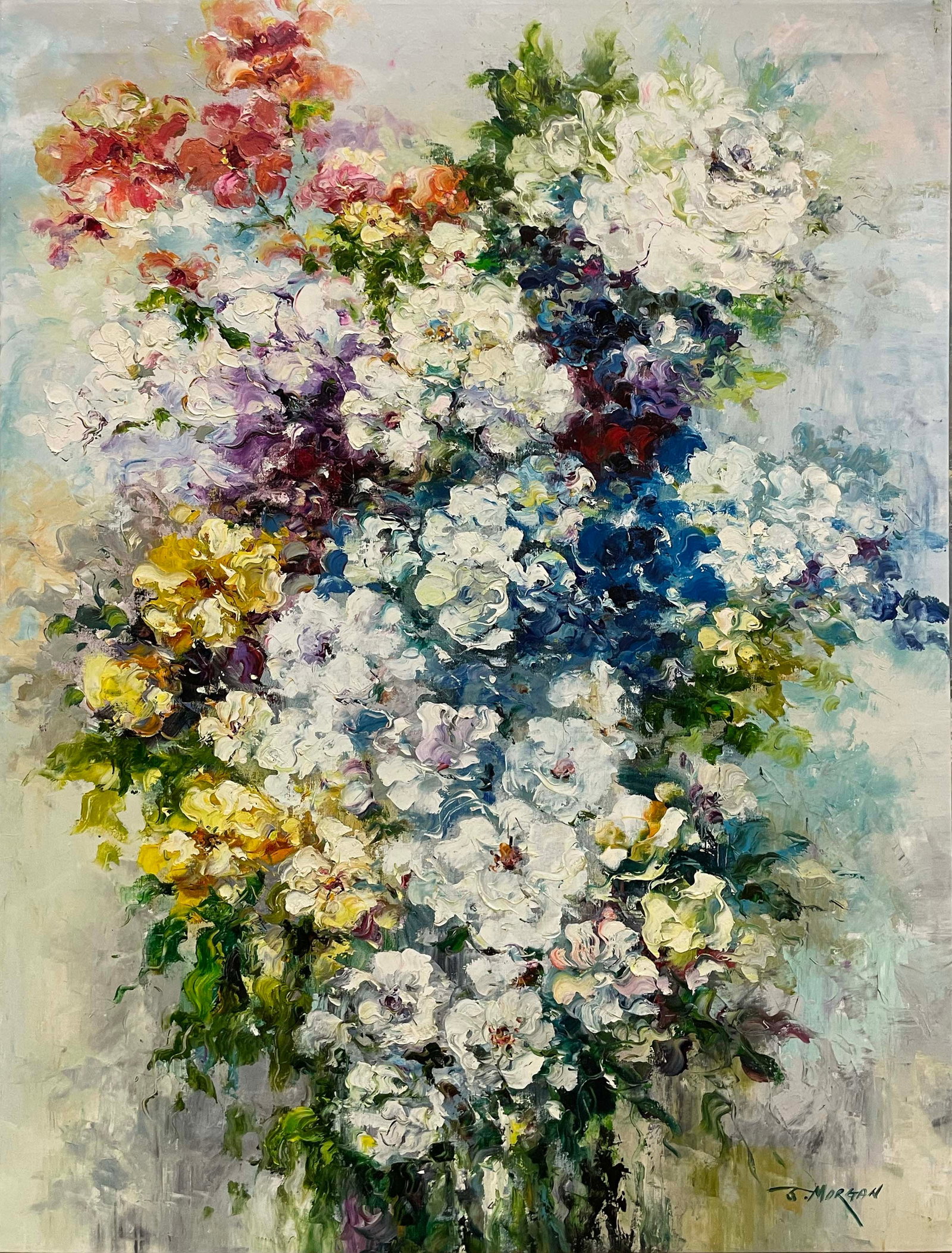 J. Morgan 34x46 Impressionist Floral Painting: Artist: Jeong Morgan (b.1959-) Korean Title: Abundance of Hope III Medium: Oil on Canvas Canvas Size: 34 w x 46 h Edition: Original Signature: Front, bottom right corner Certificate of Authenticity an