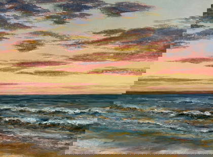 Small Seascape Painting on canvas 16 x 12: Title: Sunset at Sea  Medium: Original Oil on Canvas Size: 16 w x 12 h Signature: Artwork is unsigned The sun&#8217;s fading light washes the horizon in shades of gold and rose, while the waves shimme