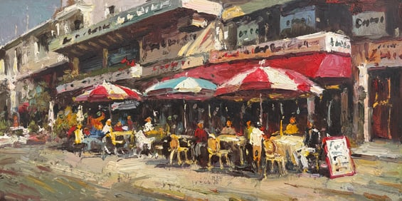 Original Cafe Street Scene Painting on Canvas 24 x 12