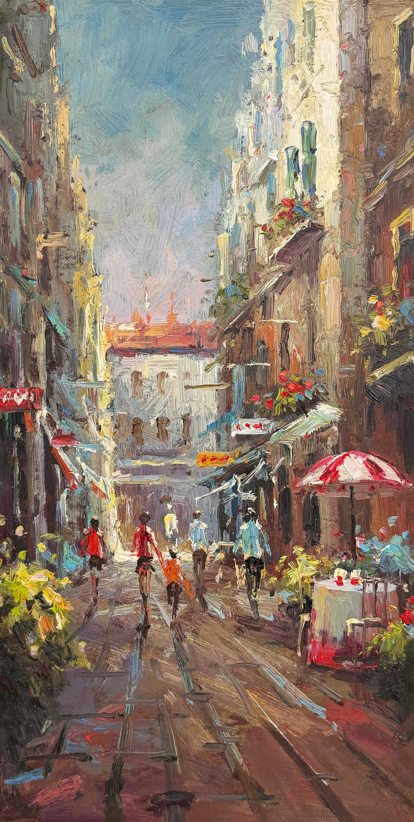 Original Market Street Scene on Canvas 12 x 24: Title: Marketplace I Medium: Original Oil on Canvas Size: 12 w x 24 h Signature: Artwork is unsigned Bathed in afternoon light, this bustling European street scene comes alive with vibrant hues and th