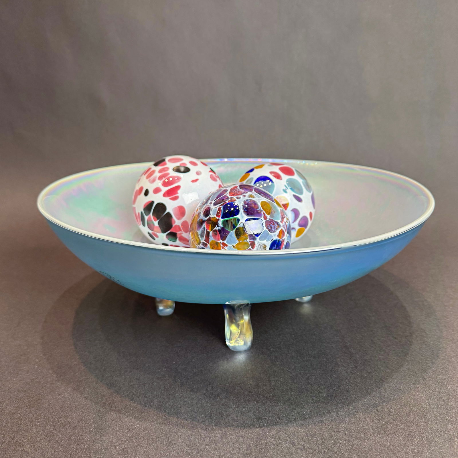 15 inch Retired Viz Glass Iridescent Blue Footed Bowl with colorful glass balls (1 of 7)