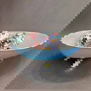 15 inch Retired Viz Glass Iridescent Blue Footed Bowl with colorful glass balls: Artist: Viz Glass Title: Iridescent Blue Footed Bowl with colorful glass balls Medium: Hand-blown Glass Bowl Size: 15 round x 5.5 h Glass Ball Size: 4 w x 5 h x 4 d This iridescent