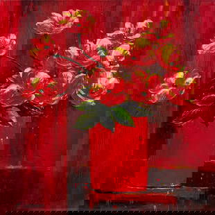 H. Carson 24x24 Original Floral Painting: Artist: H. Carson Title: Little Red Bouquet Medium: Oil on canvas Canvas Size: 24 x 24 Edition: Original Signature: Signed on front, bottom left corner Artwork is stretched on a solid wood
