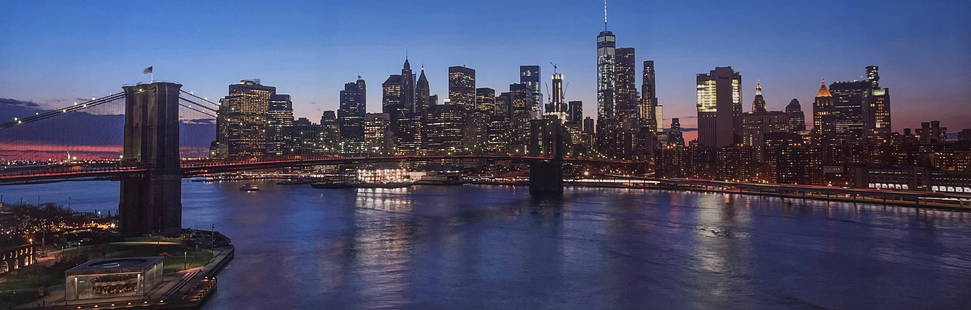 28x90 New York Skyline Print on Canvas: Artist: Unknown Title: New York Skyline Medium: Print on Canvas Artwork Size: 28h x 90w Item Weight: 10 lbs. Artwork is gallery wrapped. Ready to hang. This panoramic cityscape captures