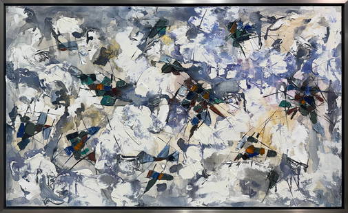 38 x 62 Framed Original Abstract Painting: Artist: Andrew Title: Mystic Topaz Medium: Oil on Canvas Canvas Size: 36 H x 60 W Frame Size: 38 H x 62 W Artwork is gallery wrapped on a solid wood strainer bar and framed in a chrome-finished