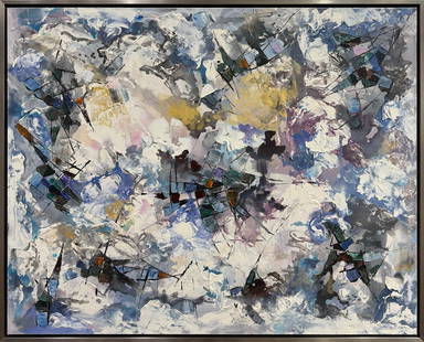 50 x 62 Framed Original Abstract Painting: Artist: Andrew Title: Crystals in the Sky Medium: Oil on Canvas Canvas Size: 48 H x 60 W Frame Size: 50 H x 62 W Artwork is gallery wrapped on a solid wood strainer bar and framed in a dark