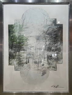 Abstract Water Scene 79x59 Framed Abstract Landscape: Artist: Unknown Medium: Hand Embellished Print on paper Artwork Size: 79h x 59w Item Weight: 60 lbs. Edition: Original Signature: Signed in pigment on the front, bottom right corner of