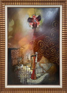 Adam Finli 51.5x37 Abstract Painting: Artist: Adam Finli (African) Title: Still Life with Flower Medium: Oil on Canvas Frame Size: 51.5h x 37w Item Weight: 18 lbs. Edition: Original Signature: Signed in bottom right corner