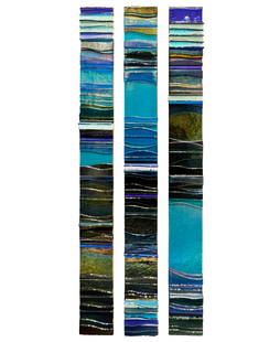 Alicia Kelemen Set of Three 36" Glass & Stone Mosaic Wall Sculptures: Artist: Alicia Kelemen (Venezuelan) Title: Aqua Marina (Set of three) Medium: Glass and Stone on MDF Board. Individual Panel Size: 36 H x 4 W x 1.5 d Edition: Original Signature: Signed