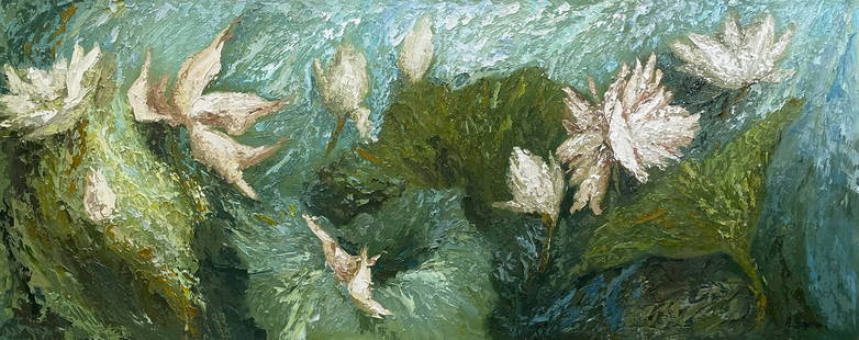 Anastasiya Skryleva 24x60 Original Floral Painting: Artist: Anastasiya Skryleva (b.1997 - ) Ukrainian Title: Spring Medium: Oil on Canvas Art Size: 24h x 60w Item Weight: 8 lbs. Edition: Original Signature: Signed in paint on the front,