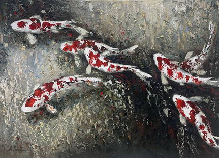 Anastasiya Skryleva 30x40 Original Fish Painting: Artist: Anastasiya Skryleva (b.1997) Ukranian Title: Koi Fish II Medium: Acrylic on Canvas Art Size: 30h x 40w Edition: Original Signature: Signed in paint on the front, bottom left corner of