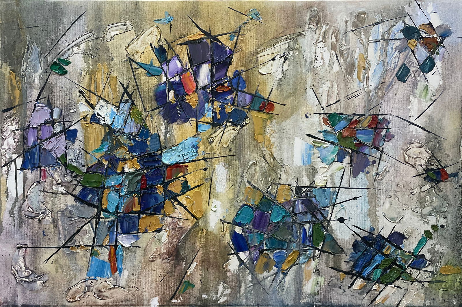 Andrew 24x48 Original Abstract Painting: Artist: Andrew (Unknown) Title: Stained Glass Windows II Medium: Oil on Canvas Artwork Size: 24h x 48w Item Weight: 4 lbs. Edition: Original Signature: Signed in ink on back of canvas Artwork is stret