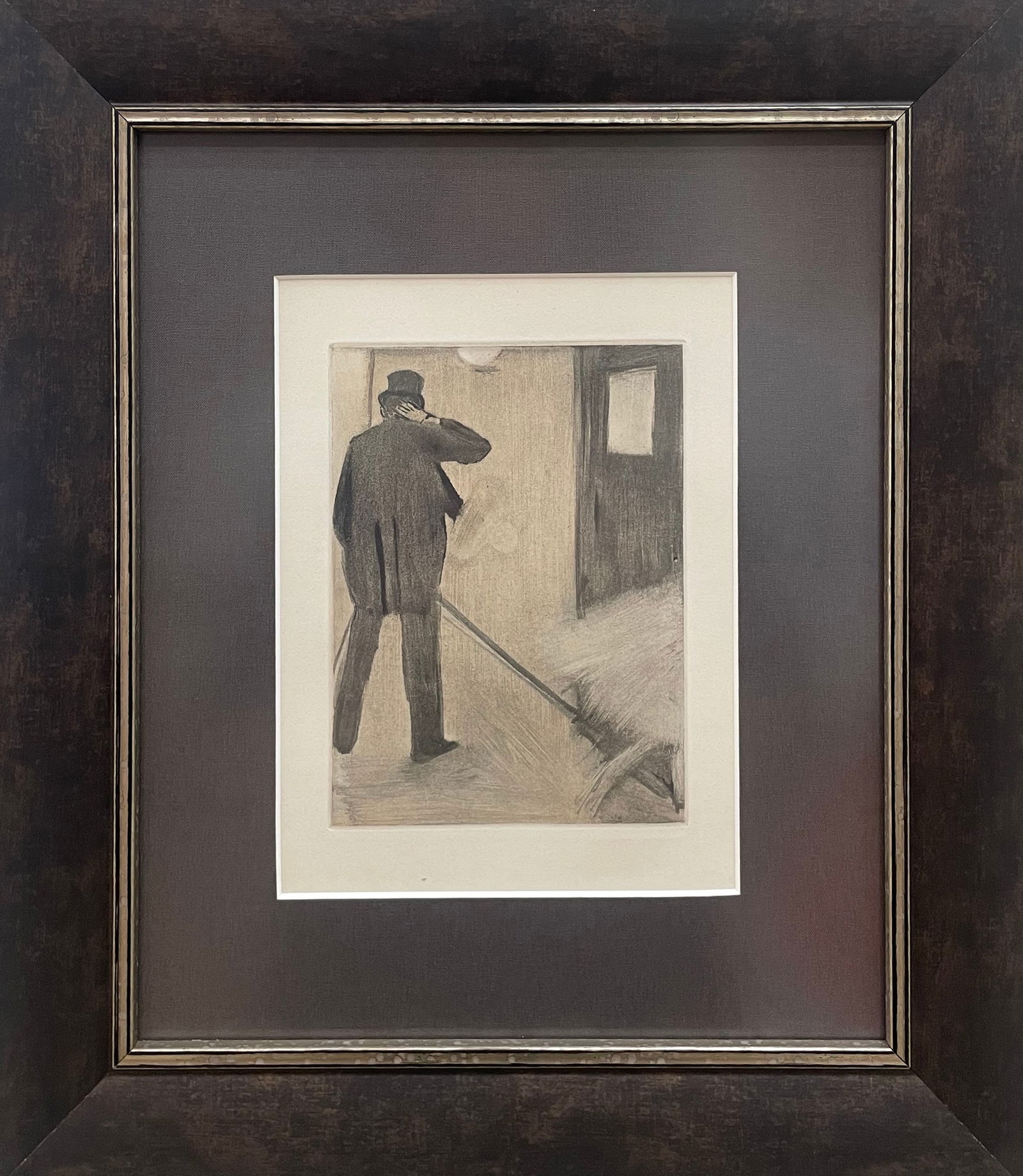 Edgar Degas 15x13 Framed Figurative Etching: Artist: Edgar Degas (b.1834-1917) French Title: Ludovic Halevy Backstage Medium: Etching on paper Image Size: 6.25h x 4.75w Frame Size: 15h x 13w Edition: 11/350 Signature: Unsigned Artwork is framed