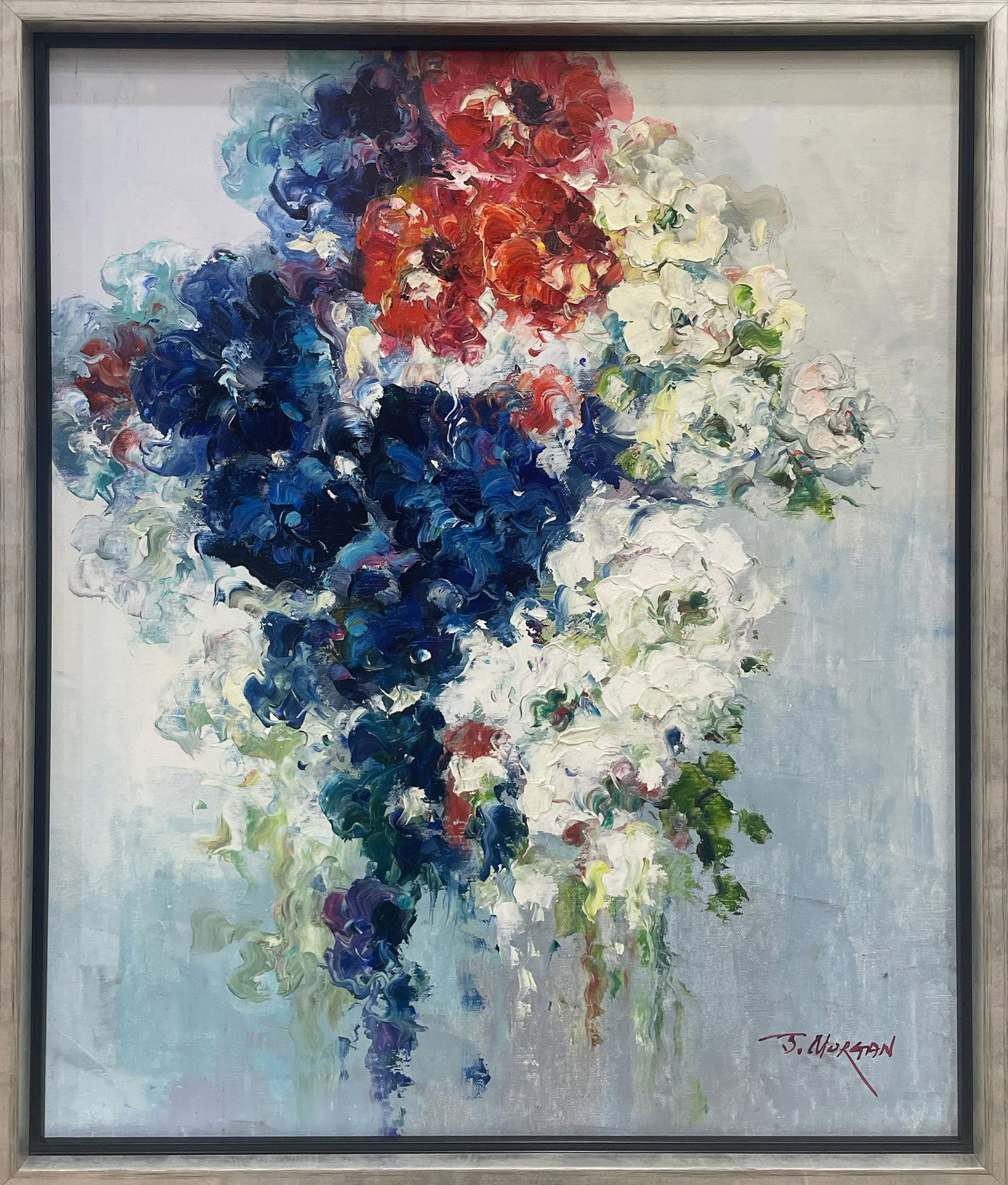 J. Morgan 25x21 Original Framed Floral Painting: Artist: J. Morgan (b.1959) Korean Title: Abundance of Hope Medium: Acrylic on Canvas Artwork Size: 24h x 20w Frame Size: 25h x 21w Edition: Original Signature: Signed in paint on the front, bottom rig