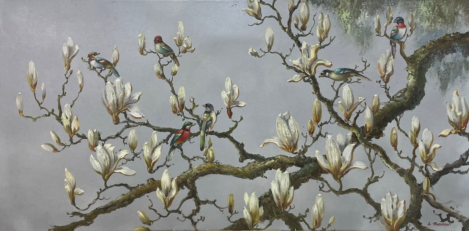 L. Redman 24x48 Original Bird Painting: Artist: L. Redman (b.1957) Korean Title: Morning Song I Medium: Oil on Canvas Art Size: 24h x 48w Edition: Original Signature: Signed in pigment on the front, bottom right of the canvas. Artwork is st