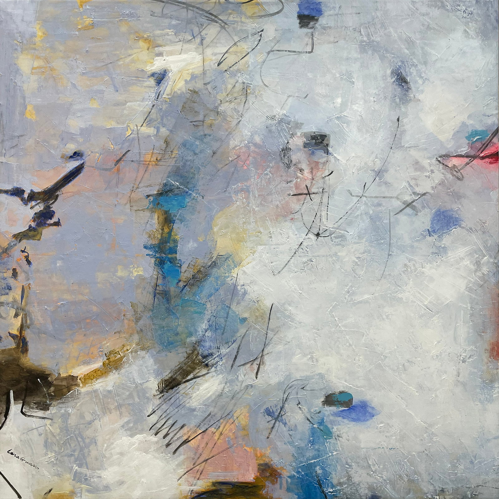 Lena Guavo 45x45 Abstract Painting: Artist: Lena Guavo (b. 1979 - ) Chinese Title: Between the Lines Medium: Oil on Canvas Art Size: 45h x 45w Item Weight: 4 lbs. Edition: Original Signature: Signed in bottom left corner Artwork is gall