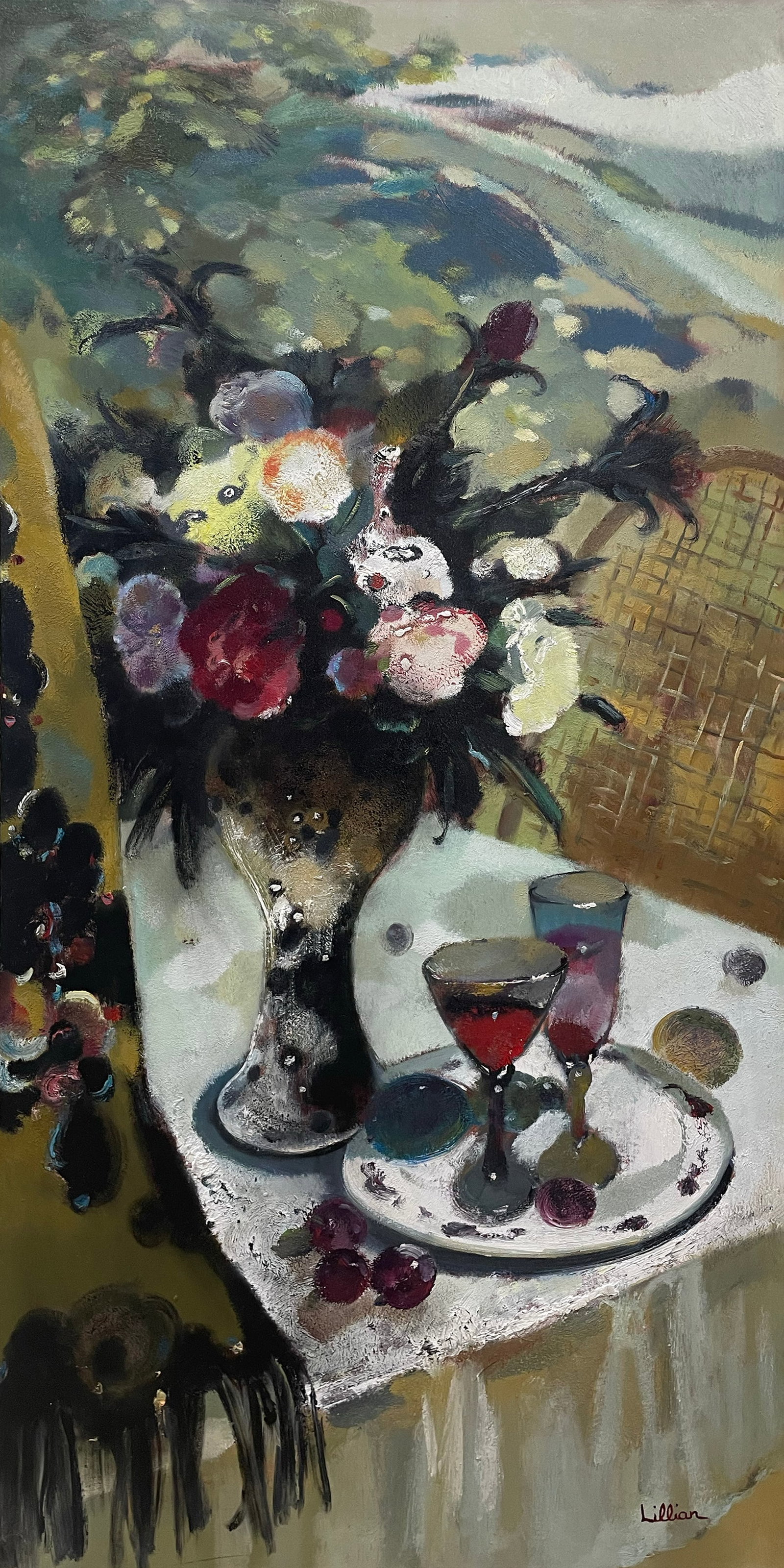 Lillian 48x24 Original Floral Still Life Painting: Artist: Lillian Title: Spring Bouquet with Wine Medium: Oil on Canvas Artwork Size: 48h x 24w Item Weight: 4 lbs. Edition: Original Signature: Signed in bottom right corner of canvas. Artwork is stre