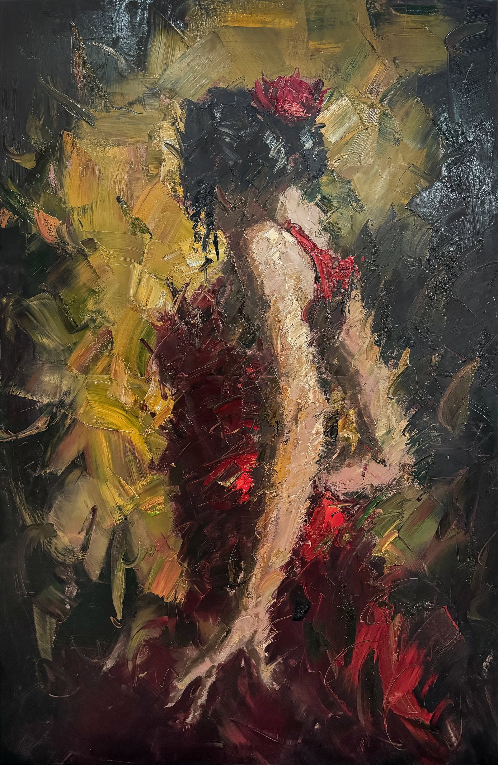 Merida Josiah Large 70x46 Original Painting on Canvas: Artist: Merida Josiah (b1976-) Spanish Title: Rhythm of the Night II Medium: Oil on Canvas Artwork Size: 70 h x 46 w Edition: Original Signature: Bottom right corner. A gallery appraisal and certifica