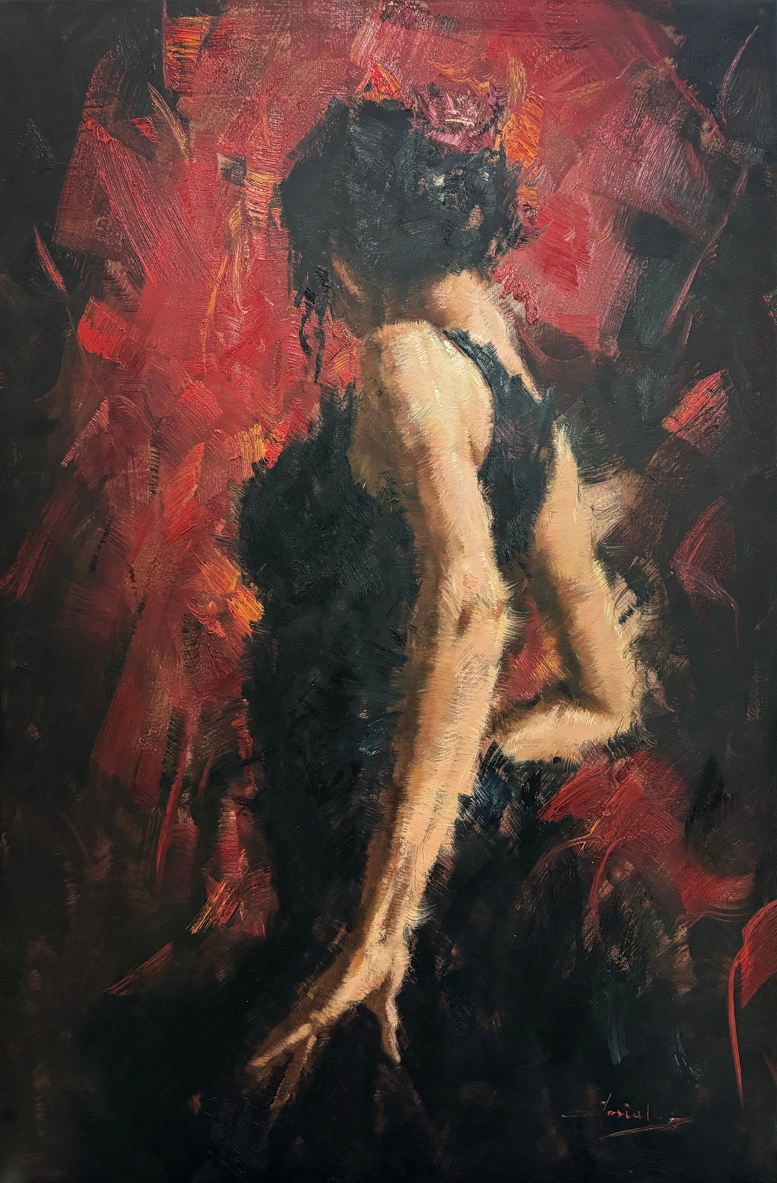 Merida Josiah Large 70x46 Original Painting on Canvas: Artist: Merida Josiah (b1976-) Spanish Title: Rhythm of the Night III Medium: Oil on Canvas Artwork Size: 70 h x 46 w Edition: Original Signature: Bottom right corner. A gallery appraisal and certific