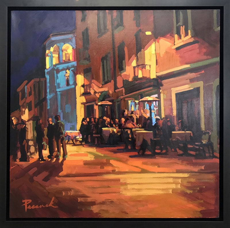 Nick Paciorek 33x33 Framed Original Signed Painting: Artist: Nick Paciorek - American Title: Como Evening Cafe Medium: Oil on Canvas Canvas Size: 30 w x 30 h Frame Size: 33 w x 33 h Editon: Original Year: ca. 2010’s Signature: Signed on lower left cor