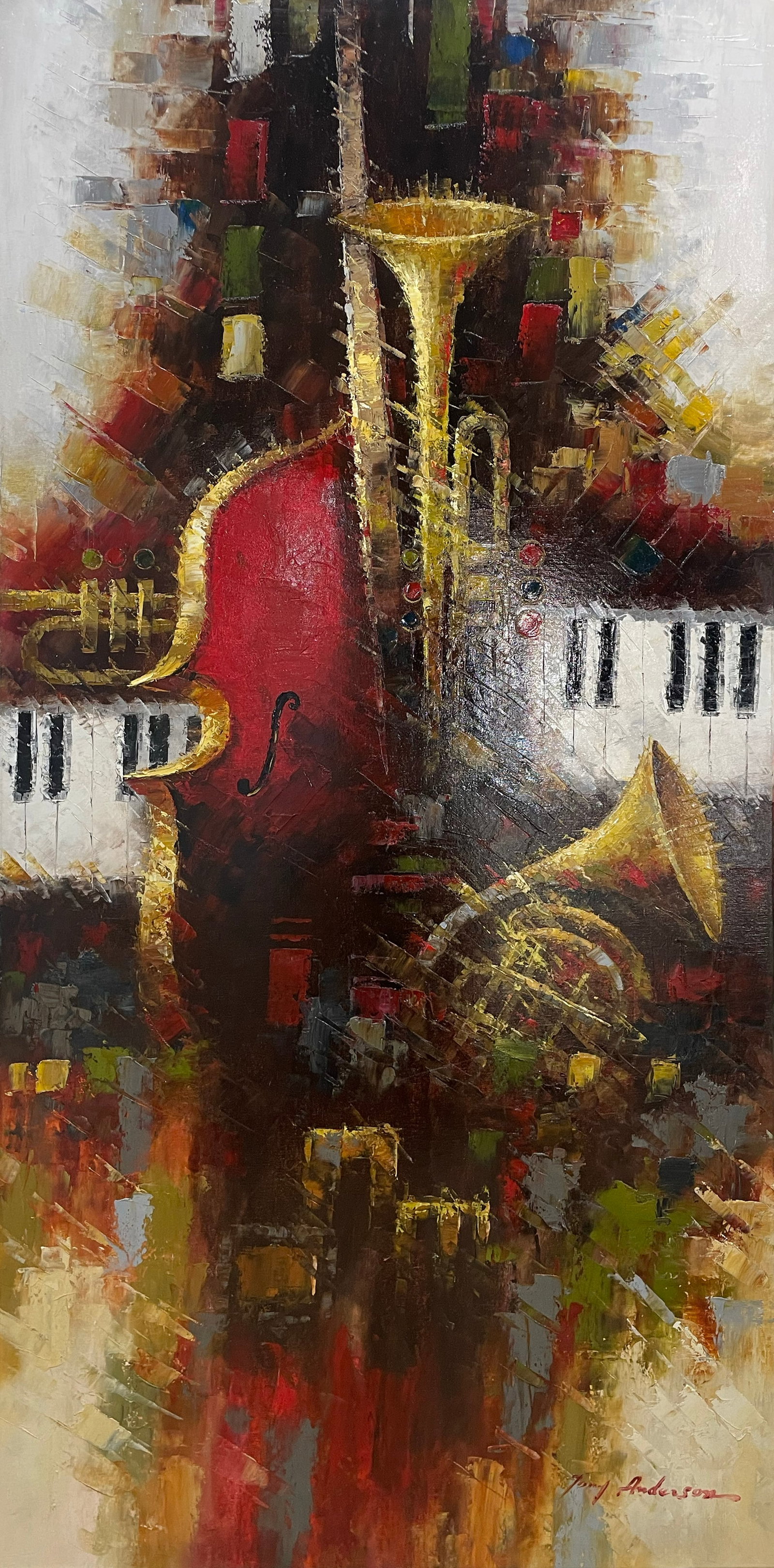 Tony Anderson 60x30 Original Abstract Instrument Painting: Artist: Tony Anderson (Korean) Title: Music In Motion II Medium: Oil on Canvas Artwork Size: 60h x 30w Item Weight: 8 lbs. Edition: Original Signature: Signed in bottom right corner Artwork is gallery