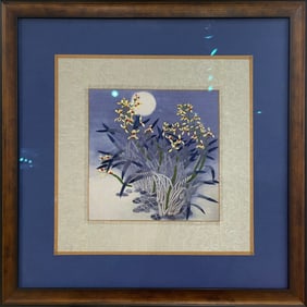 Unknown 18x18 Original Framed Chinese Silk Floral Embroidered