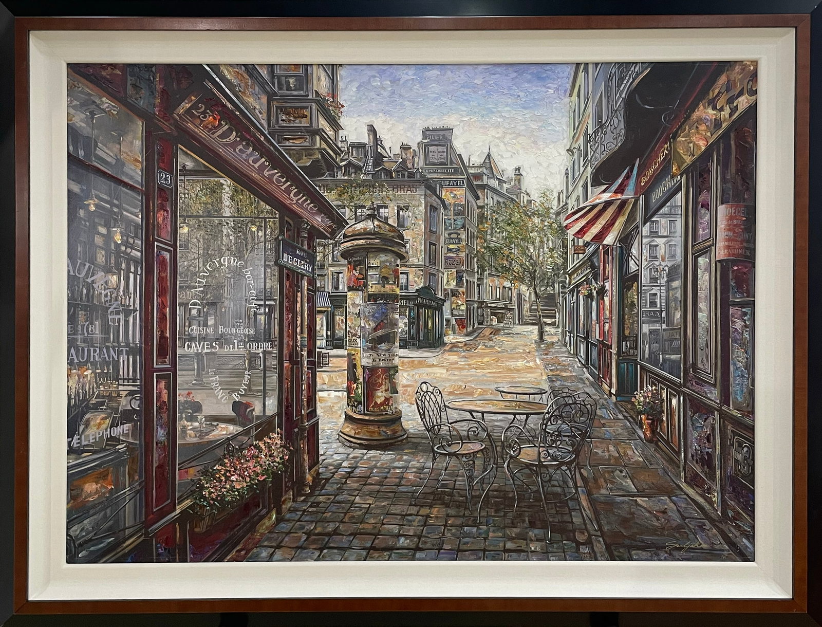 Vadik Suljakov 37x47.5 LE Framed Streetscape Giclee: b>Artist: Vadik Suljakov (b.1960) Russian Title: Rue de Clery Medium: Hand Embellished Glicee on Canvas Art Size: 29.5h x 39.5w Frame Size: 37h x 47.5w Edition: 110/195 Signature: Signed in pigment on