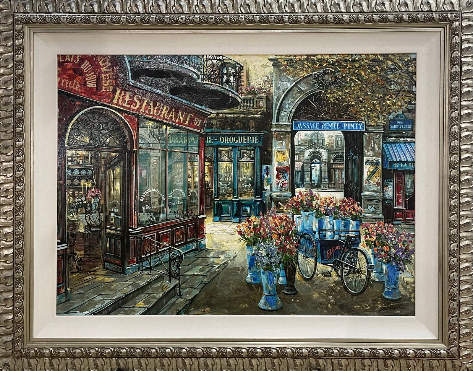 Vadik Suljakov 42.5x52 LE Framed Streetscape Giclee: Artist: Vadik Suljakov (b.1960) Russian Title: Passage Remee-Ponty Medium: Hand Embellished Glicee on Canvas Frame Size: 42.5h x 52w Edition: 111/250 Signature: Signed in pigment on the front, bottom 