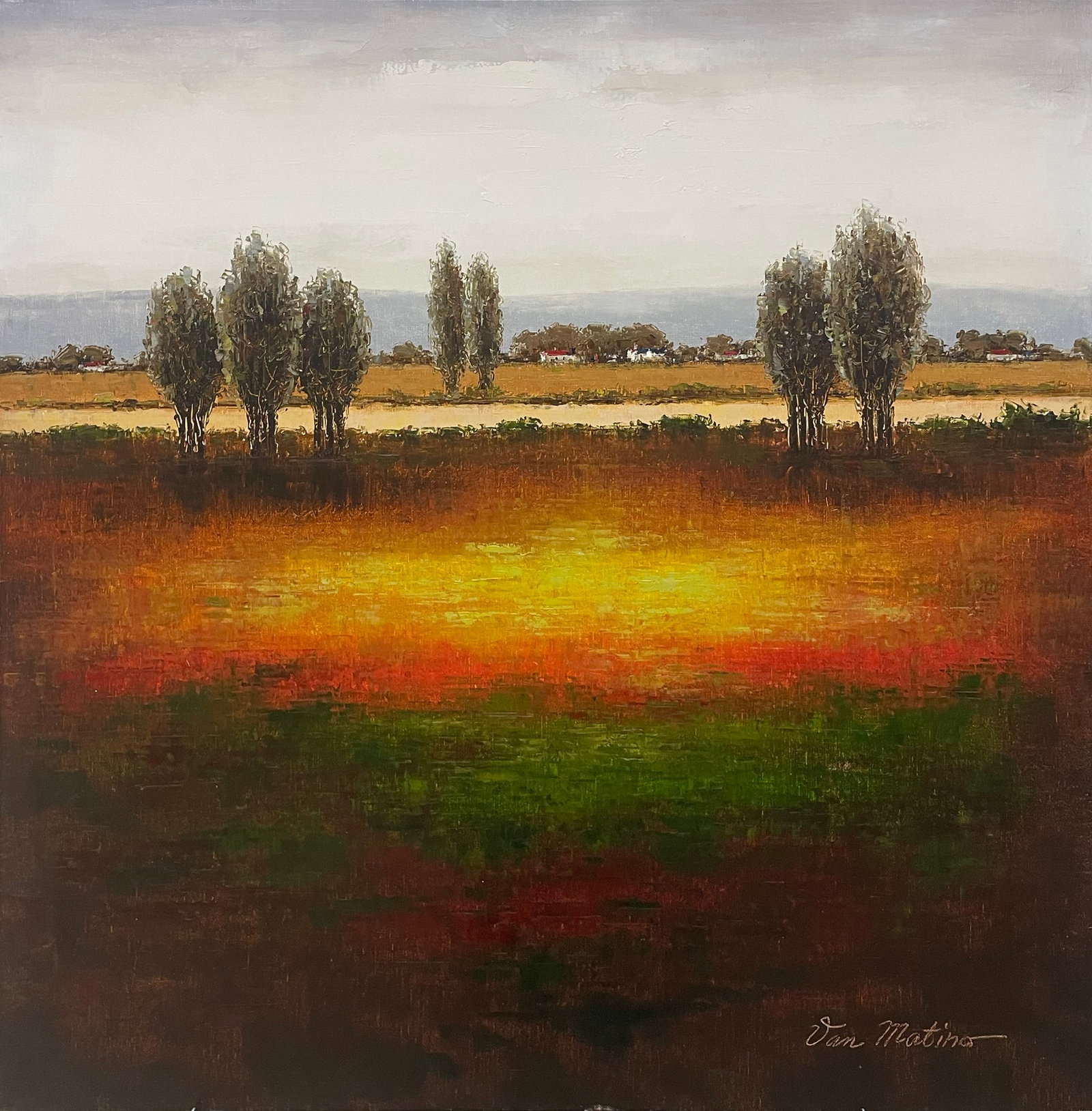 Van Matino 30x30 Original Landscape Painting: Artist: Van Matino (b.1955) Korean Title: Horizon I Medium: Oil on Canvas Art Size: 30h x 30w Edition: Original Signature: Signed in pigment on the front, bottom right of the canvas. Artwork is stretc