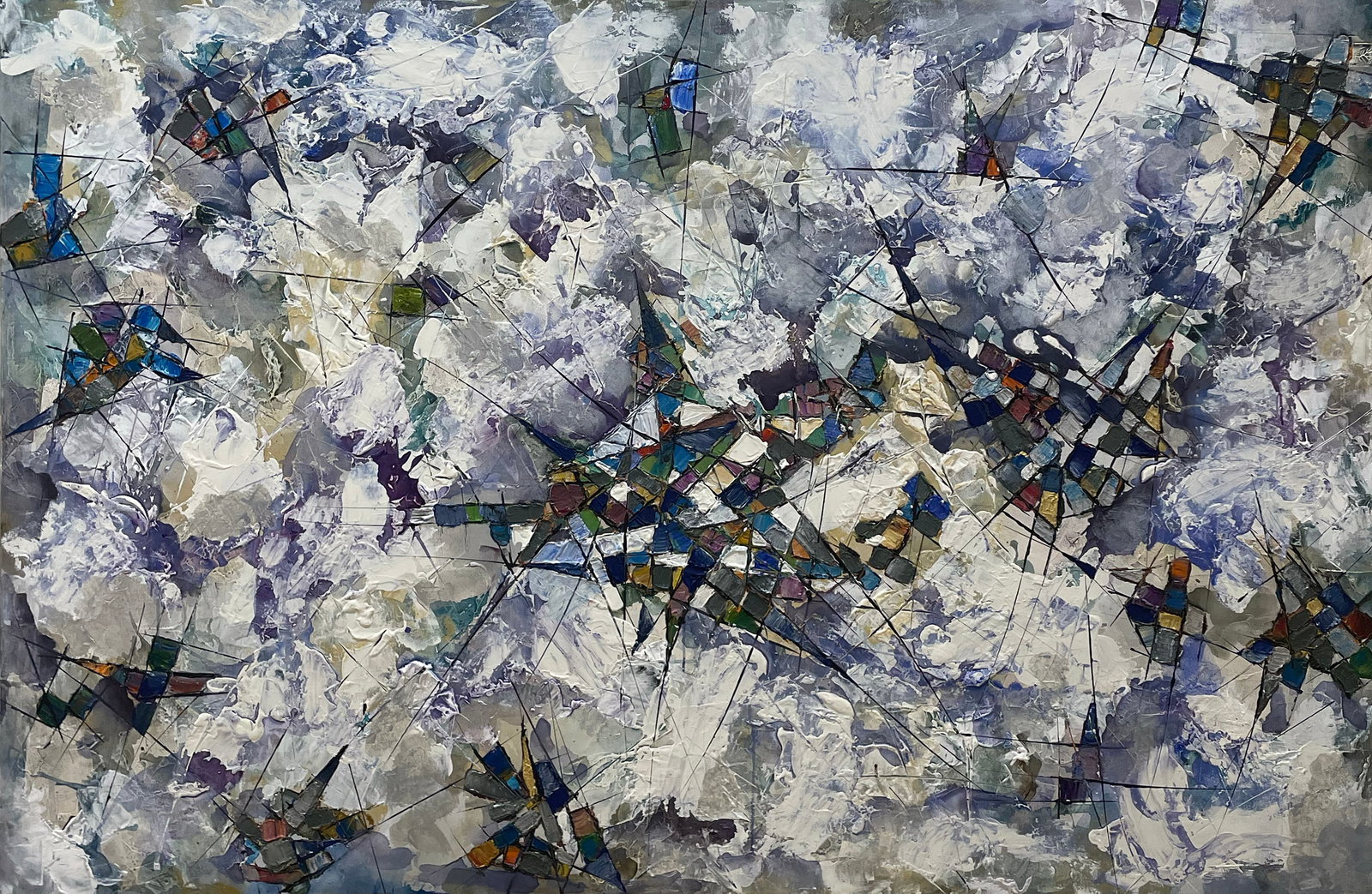 Andrew 48x72 Original Abstract Painting: Artist: Andrew (b.1977) Ukrainian Title: Jeweled Morning Medium: Acrylic on Canvas Art Size: 48h x 72w Frame Size: Item Weight: 13 lbs Edition: Original Signature: Signed on the right edge of the canv