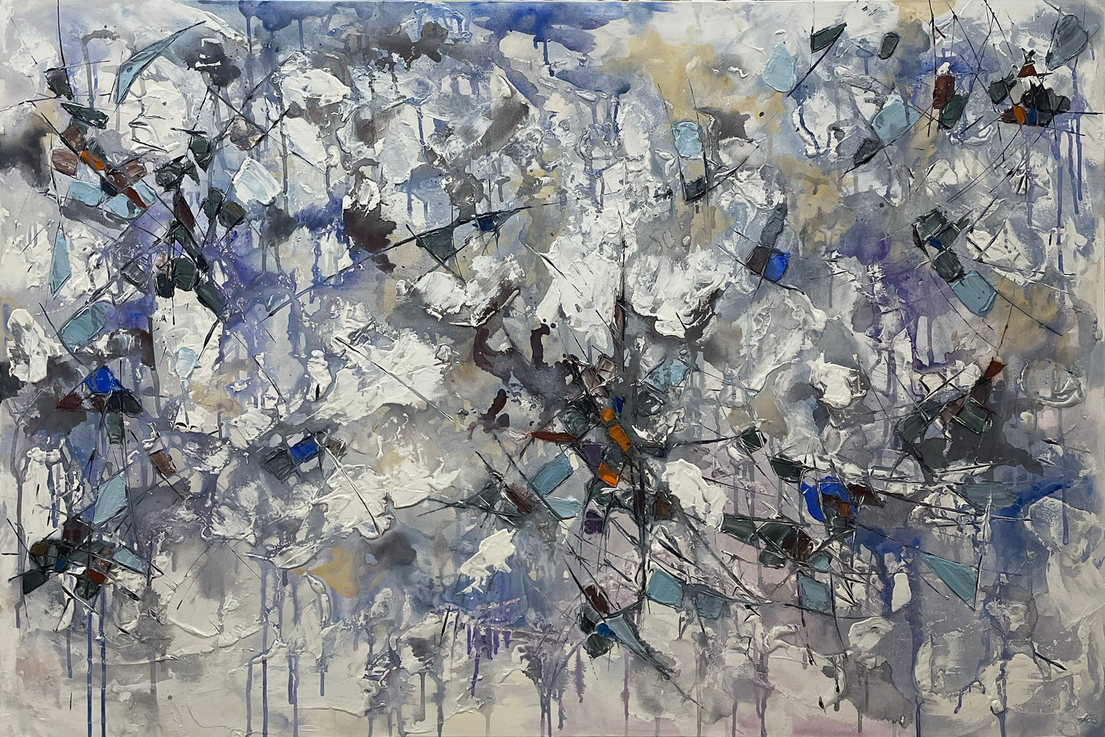 Andrew 48x72 Original Abstract Painting: Artist: Andrew (b.1977) Ukrainian Title: Crystals in the Sky II Medium: Acrylic on Canvas Art Size: 48h x 72w Frame Size: Item Weight: 13 lbs Edition: Original Signature: Signed on the right edge of t